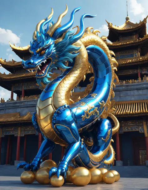 （balloon art design），（Chinese dragon made of transparent blue and gold balloons），Half cyberpunk，Complex and gorgeous CG style, hyper detailed 3d render,, c4d, Rendered by Octane, Blander, 8K, k hd， com mascot，Holographic Chinese Palace