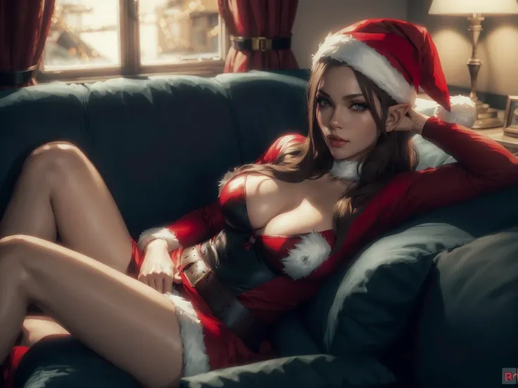 there is a woman in a santa hat laying on a bed, v from devil may cry as an elf, elf, christmas night, ig model | artgerm, elf woman, captured on canon eos r 6, cammy, from league of legends, the anime woman is laying, elves sitting on the couch, trending ...