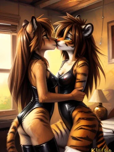 Tiger girl, sexy, sensual, uploaded to E621, beautiful and detailed portrait of an anthropomorphic tiger ((female))) uploaded to E621, ((by fluff-kevlar, by Zackary911, by Kenket, by Kilinah, by fluff-kevlar)), Brown hair, green eyes, black high stockings,...