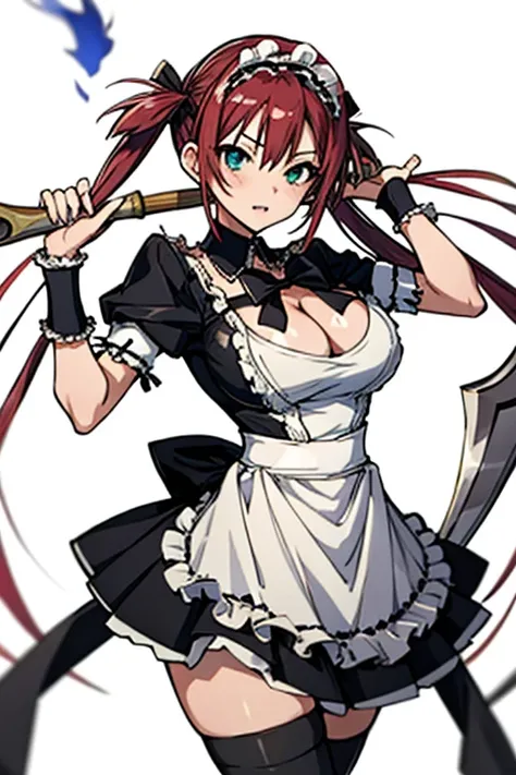 masutepiece, Best Quality, Airlib 4, 1girl in, Solo, thighs thighs thighs thighs, black thighhighs, Apron, zettai ryouiki, maid, Maid headdress, large Scythe, cleavage, Wrist cuffs