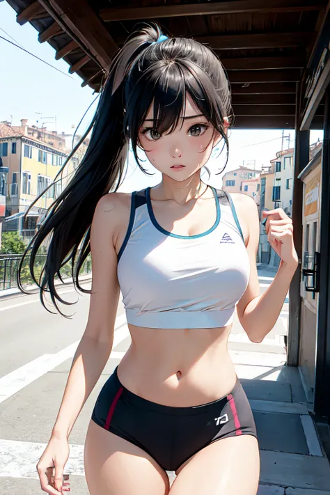 lighting like a movie、top-quality、1girl in、While running、full of sweat、Cities of Venice、Sportsbra、Sports Panties、poneyTail、