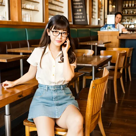 Highest quality 40s、A Japanese woman wearing glasses at a cafe with straight bangs and parted legs does not show her legs on the desk.