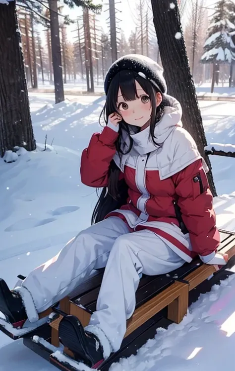 masutepiece, Best Quality, hight resolution,Anime girl sitting on a children&#39;s sled in the snow with trees in the background, In the snow, in snow, (Snow), at winter, yuruyuri, akiko takase, winter snow, Illustration!, snowy day, Inspired by Miwa Komat...