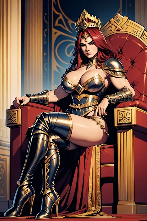 a majestic barbarian queen, full plate armor, huge shoulderpads, cleavage, muscles, big hips, high heel boots, ceremonial cape, crown, serious look, throne room in the background