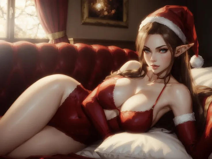 there is a woman in a santa hat laying on a bed, v from devil may cry as an elf, elf, christmas night, ig model | artgerm, elf woman, captured on canon eos r 6, cammy, from league of legends, the anime woman is laying, elves sitting on the couch, trending ...