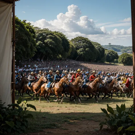 a painting, in the style of Frans Janszoon Post, that recreates the Battle of Monte das Tabocas, which took place in Vitória de Santo Antão, Pernambuco, on August 3, 1645. The battle was a clash between Dutch and Potuguese troops in the Luso-Dutch War in t...