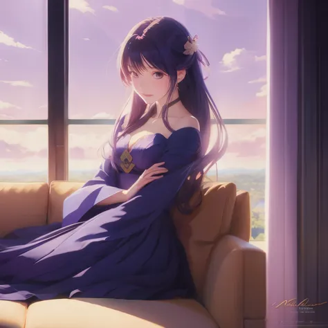 anime girl sitting on a couch looking out a window, beautiful anime girl, beautiful anime, beautiful anime woman, beautiful anime portrait, anime. soft lighting, [ 4 k digital art ]!!