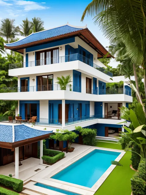 Indochina style house, 3 floors high, has a blue tiled roof, mainly gilded European furniture, has a yard with beautiful grass, modern glass windows, area about 500 square meters, has a swimming pool as well. like a supercar in front of the house, the inte...