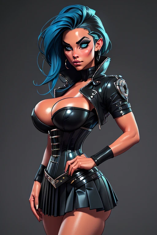 (Blue emo hair:1.2), (black  corset:1.2), (pleated micro skirt), (huge breasts:1.2) (wide hips), biker chick, (masterpiece), green eyes, (heavy goth makeup:1.3), in a living room, (dark lighting:1.2), perfect body, (ultra realistic eyes), (detailed face), ...