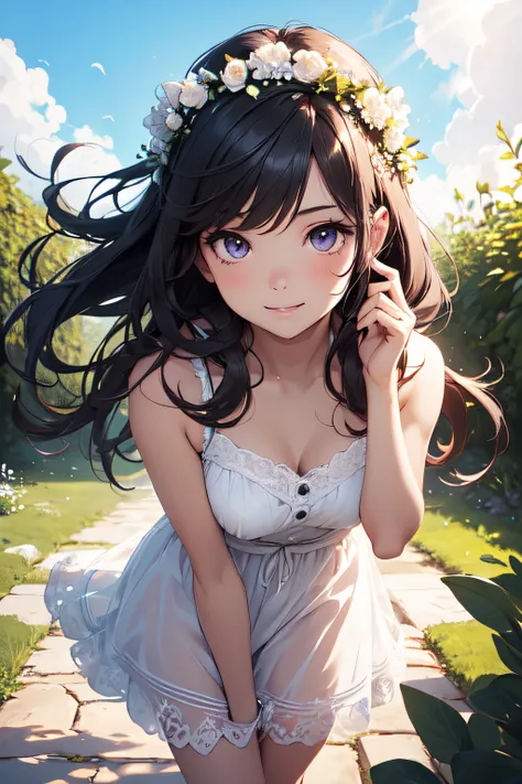 very cute and beautiful girl with white flower crown,white sundress with small ruffles,
(very detailed beautiful face and eyes:1.2),(lavender garden),Stone path,distant sea,Beautiful summer sky,
(mid-shot:1.15),Detailed legs,Smile,Black hair,Dynamic Pose,D...