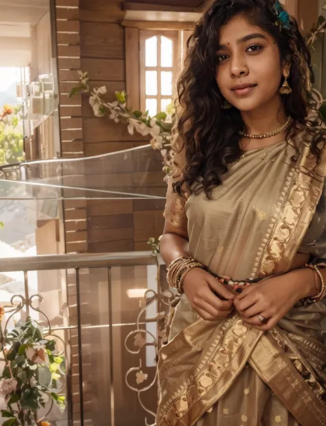 Ultra clarity photo, 18year old indian girl with curly hair and beautiful eyes, cute smile, wearing saree, mountains and a waterfall behind her surrounded with colorful butterflies, unicorn behind her