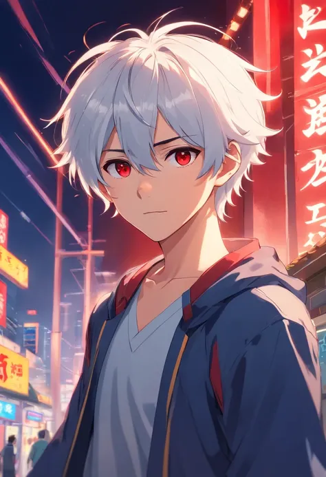 Beautiful boy with white hair and red eyes，quadratic element，japanese manga，bronze skin，Handsome and handsome