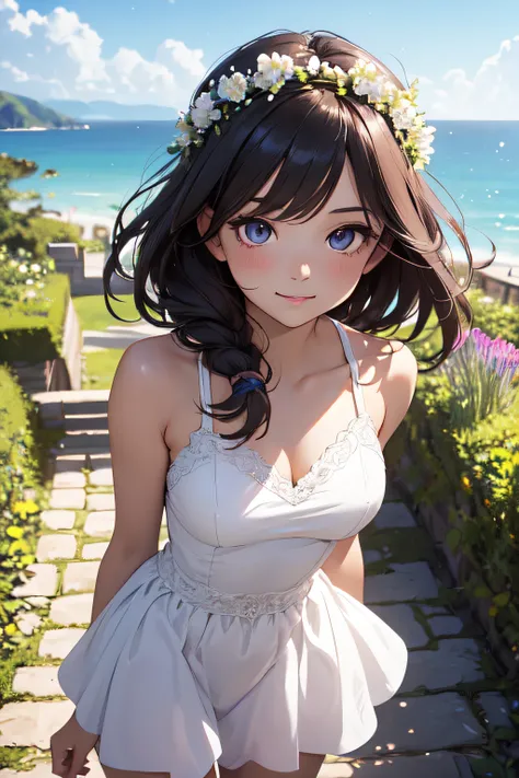 very cute and beautiful girl with white flower crown,white sundress with small ruffles,
(very detailed beautiful face and eyes:1.2),(lavender garden),Stone path,distant sea,Beautiful summer sky,
(mid-shot:1.15),Detailed legs,Smile,Black hair,Dynamic Pose,D...