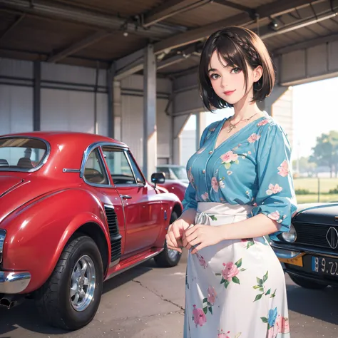 127
(a 20 yo woman,is standing), (A hyper-realistic), (high-level image quality), ((beautiful hairstyle 46)), ((short-hair:1.46)), (Gentle smile), (breasted:1.1), (lipsticks), (florals), (Large garage), (Depth of field is deep), (classic car)