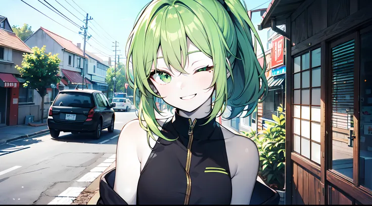 (masterpiece:1.2), (pale skin:1.2), (solo:1.2), (female:1.1), (emphasis lines:1.3), (bright_smile), outdoors, ponytail, green hair, vest, bare shoulders, green eyes, looking at viewer, cheerful, (winking:1.2), (one_eye_closed)