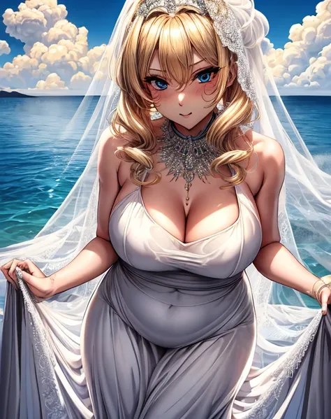 Best quality, (tmasterpiece:1.2), wide angles，8K，age 22
(1 plump girl), (Alone), (Beautiful Meticulous Girl), Blonde hair, Low hair tied long, shairband, eBlue eyes, Large breasts, with a round face，Clear eye details，Sharp facial details, Sexy wedding dres...