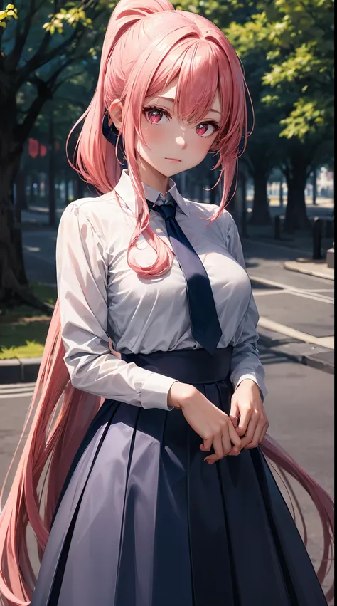 solo, 1girl, no expression, Closed mouth, long pink hair, ponytail, red eyes, shining eyes, bright pupils, (medium bust:1.2), (white shirt), (dark blue tie), (blue long skirt old), in the Park