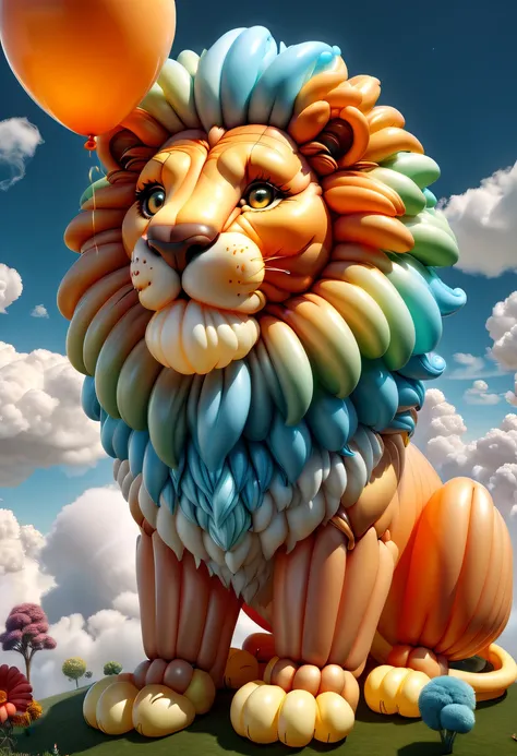 Cute lion shaped balloon，In the clouds,beautiful sky,Surreal,Epic dreams,a fairy world,lamplight,high high quality,a 3D render,ultra - detailed,realistically,Vibrant colors,