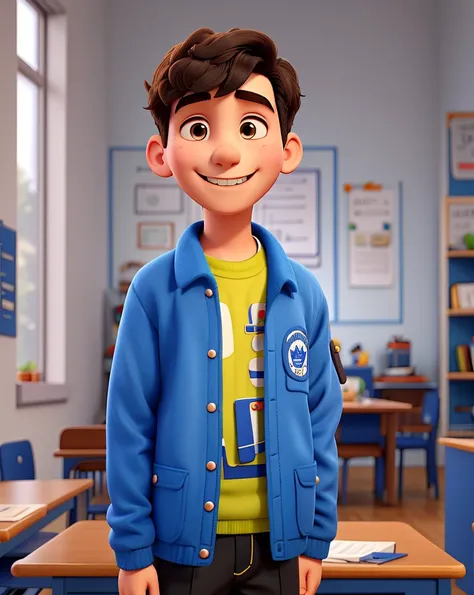 Traditional weight smiling boy in his blue school jacket.