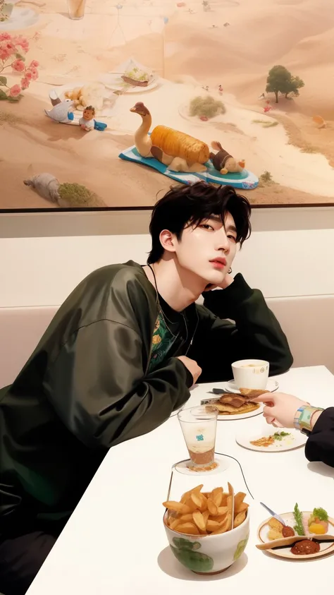 There are two people sitting at a table with plates of food, Cai Xukun, Taehyung comendo batatas fritas Gucci, ele tem cerca de 2 5 anos de idade, ele tem cerca de 3 0 anos de idade, ele tem cerca de 30 anos, Hyung Tae, aesthetic shot, Jungkook, 🦩🪐🐞👩🏻🦳, Sh...