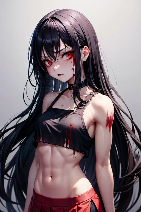 undead girl, sensual pose, blood, rag cropped top, rag mini skirt, muscular wounded abdomen