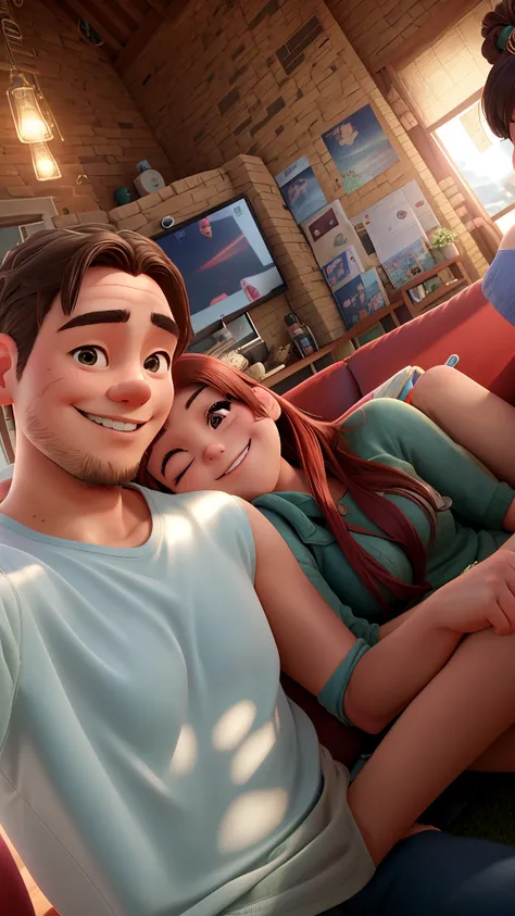 there are two people that are laying down together on a couch, ruan jia and mandy jurgens, jordan grimmer and natasha tan, happy couple, relaxing and smiling at camera, selfie shot straight on angle, vacation photo, taken on go pro hero8, tyler edlin and n...