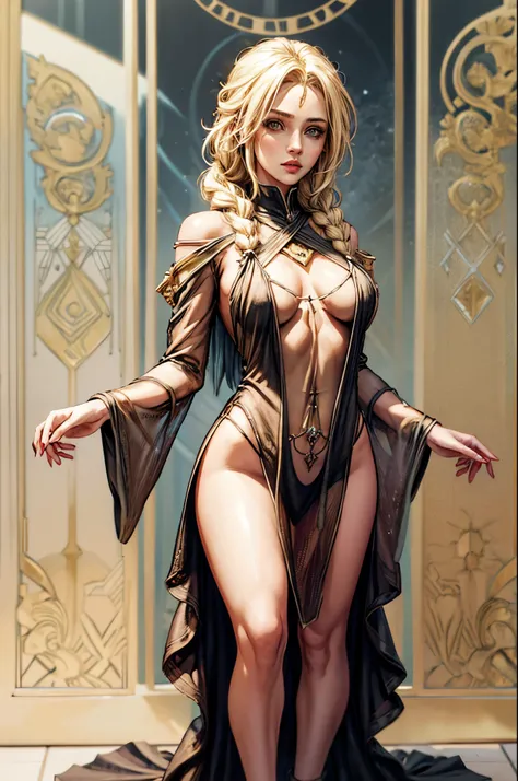 1girl, sorceress, full body shot, see-through robe, blonde braided hair, ice mage, ice crystals