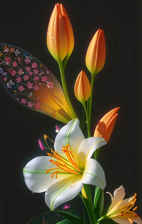 There are many flowers in the vase，There are water droplets on it, luminous flowers, Glowing flowers, the lilies. 8K, large exotic flowers, Beautiful flowers, beautiful  flowers, magical flowers, the lilies, the lilies, glowing delicate flowers, the lilies...