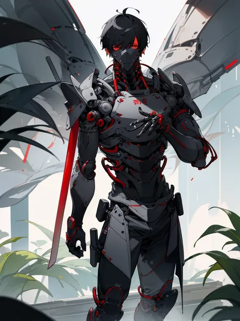 (masterpiece, best quality), black hair, short hair, plant, looking at viewer, red eyes, katana, High-tech armor, reinforced exoskeleton, solo focus, standing, (1man:1.4),