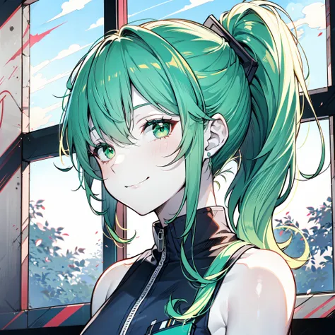 (masterpiece:1.2), (pale skin:1.2), (solo:1.2), (female:1.1), (emphasis lines:1.3), (smile), outdoors, ponytail, green hair, vest, bare shoulders, green eyes, looking at viewer, (closed mouth)