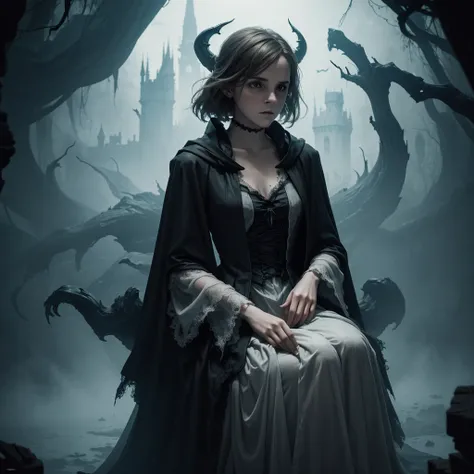 ghostlystyle, Emma Watson, ghostly mist, (transparent, floating), gothic horror, tattered ghostly clothes, grey reaper robes, full body, trapped in a haunted oil painting, hyperrealism, ghostly claws, trapped, (scared, panicked,, horrified), hands in lap, ...