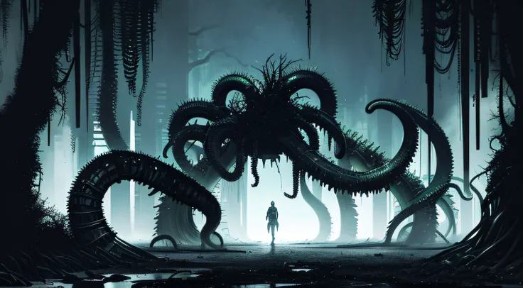 (((tentacles biopunk horror))), Cold lighting, abandoned landscape in biopunk style, (Biopunk style), Horror atmosphere, the presence of something scary, very detailed biopunk background, (Hans Giger equipment), perfect anatomy, Masterpiece