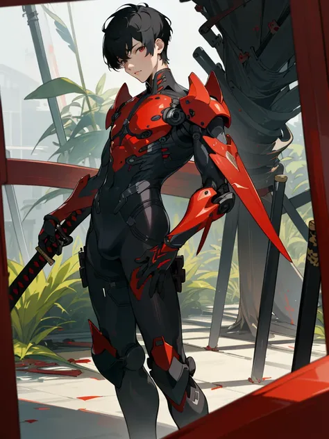 (masterpiece, best quality), black hair, short hair, plant, looking at viewer, red eyes, katana, High-tech armor, reinforced exoskeleton, solo focus, standing, (1man:1.4),