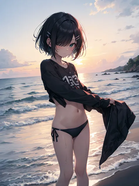 of the highest quality, anime moe art style,Best Anime 8K Konachan Wallpapers,Pixiv Contest Winner,Perfect Anatomy, BREAK,(Draw a picture of a girl in a swimsuit walking on the beach.),BREAK, 1girl is a beautiful girl with poor luck.,(Solo,Lori,child,13yea...