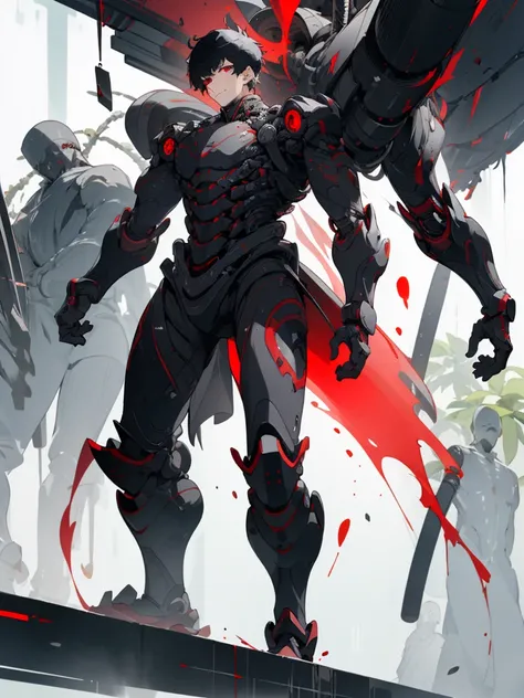 (masterpiece, best quality), black hair, short hair, plant, looking at viewer, red eyes, katana, High-tech armor, reinforced exoskeleton, solo focus, standing, (1man:1.4),