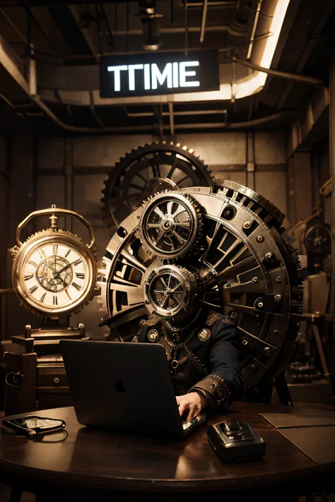 A stylized time machine with creative gears in the background with a time traveler holding a laptop in front