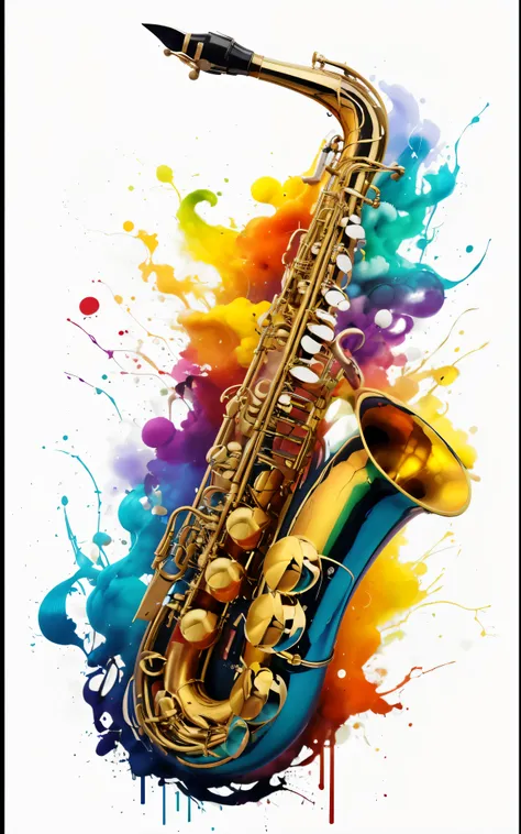 um close de um saxofone com um fundo colorido, saxofone, Saxofones, artistic!!! compositing, music poster, instrumentos musicais, beautiful artwork, masterful composition!!!, instrumentos musicais, saxofones reais, extremely high quality artwork, instrumen...