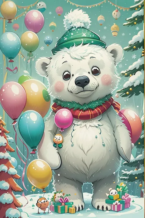 ((Christmas polar bear made of balloons and little penguin made of balloons, Wearing a Christmas hat made of balloons)), , ((Christmas background, Christmas tree made of balloons, gifts,))， Cute and detailed digital art, lovely digital painting, Cute ballo...