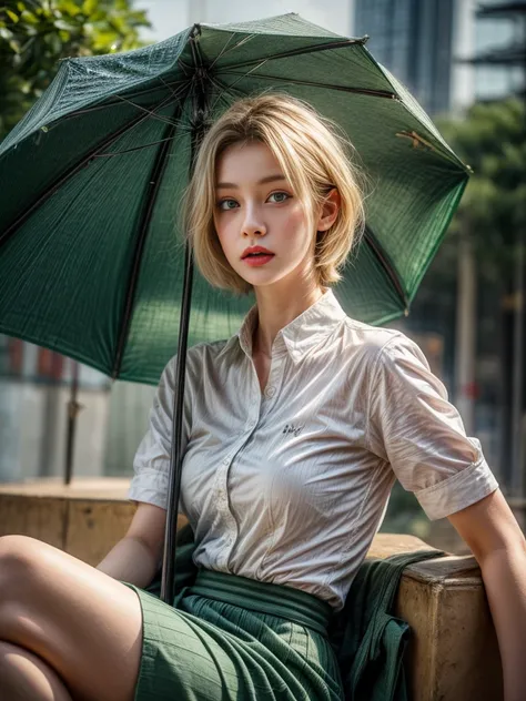 1girl, blond hair, short hair, blue eyes, white shirt, green tie, green skirt, city, rain, detailed background