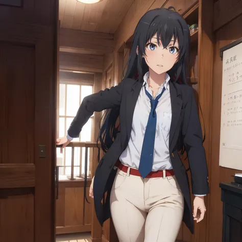 The prompt for the given theme would be: "(Best quality, 4k, 8k, highres, masterpiece:1.2), 1girl, yukinoshita yukino, ultra-detailed, anime colored, badass female with a blue necktie, black hair, red ribbon, buttoned shirt, white pants, and black tailcoat