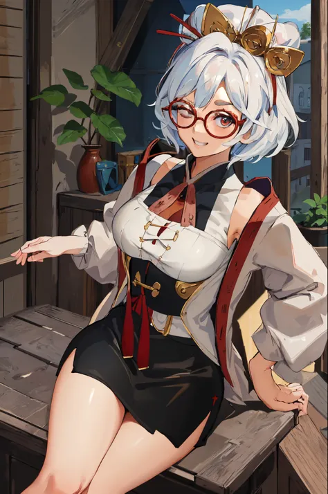 masterpiece, best quality, purah, red glasses, hair ornament, white jacket, sleeveless shirt, black skirt, upper body, from above, looking at viewer, grin, one eye closed, furrowed brow, rustic village