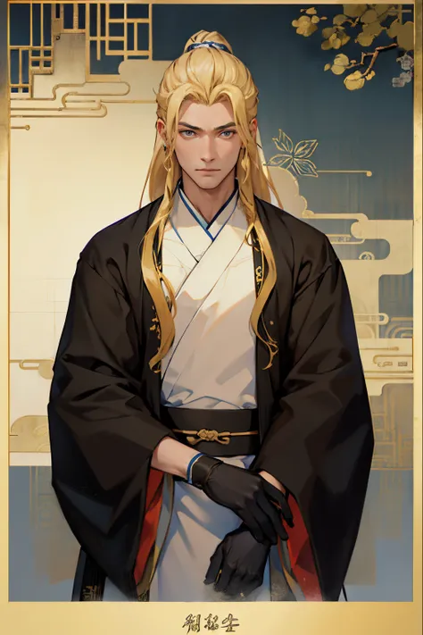 handsome young man, long blonde hair, serious expression, smart, black gloves,blue and white male hanfu, ancient china, flat background, chinese paper background, simple background, masterpiece,masterpiece,best quality