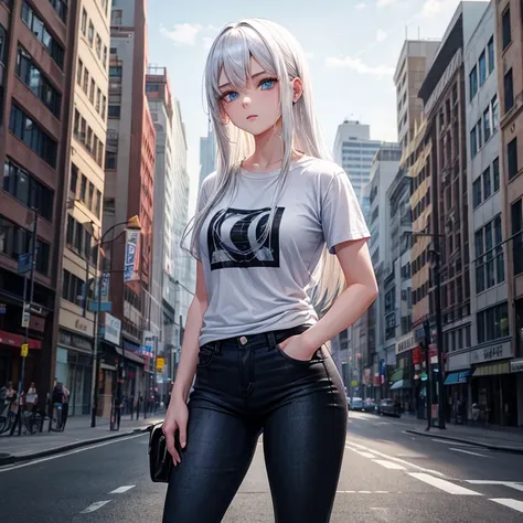 A 25 years old girl with white hair, blue eyes, wearing black full slive t-shirt and full female jeans pant, standing at city road, looking at viewer,  high resolution, masterpiece