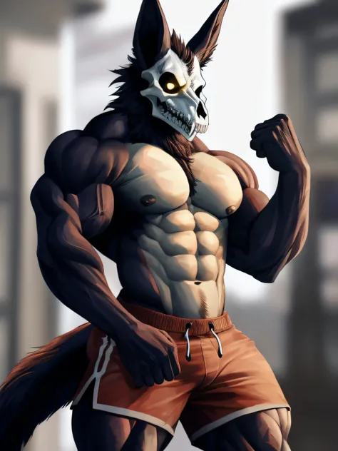 hi res, (Skulldog), black fur, anthro, blurred background, male, muscular, muscular anthro, muscular male, tail, solo, detailed background, flexing muscles, (kemono), glowing eyes, suggestive, shorts