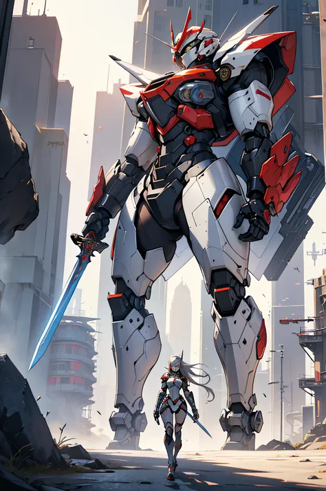 Woman in futuristic suit fidgeting with sword and sci-fi in front of futuristic city，1 busty girl，armour，Headgear，holdingsword，holdingweapon，Long gray hair，mechs，Mecha Maiden，power armour，scientific fiction，独奏，The sword，arma,Red and white armor