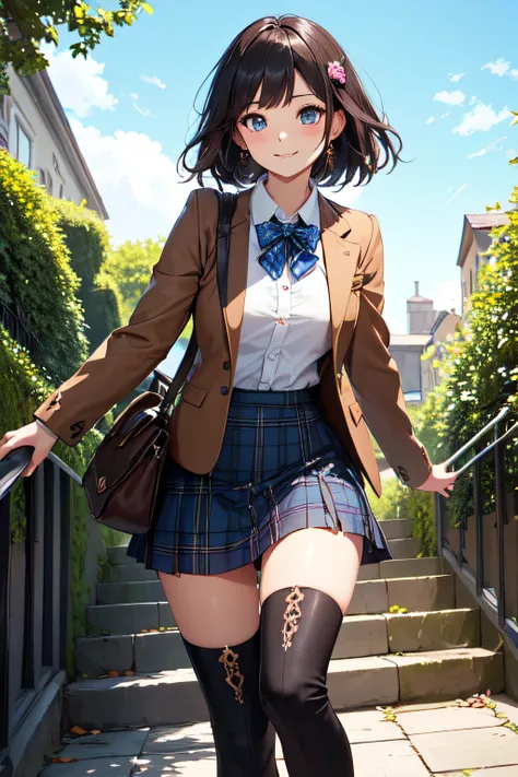 Very cute and beautiful girl,(very detailed beautiful face and eyes:1.2),Smile,Cowboy Shot,
(Brown jacket:1.2),Collared shirt,Checkered bowtie BREAK Detailed legs,zettai ryouiki,Brown shoulder bag,(Brown boots:1.2),
stylish pose,Dynamic Angle,Hair Ornament...