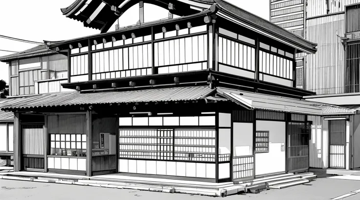 Make me Japanese store buildings drawn in manga style