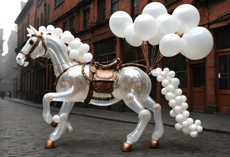 （balloon art design），（a steampunk horse made of white half balloons）， （horse body and tail made of translucent white balloons：1....