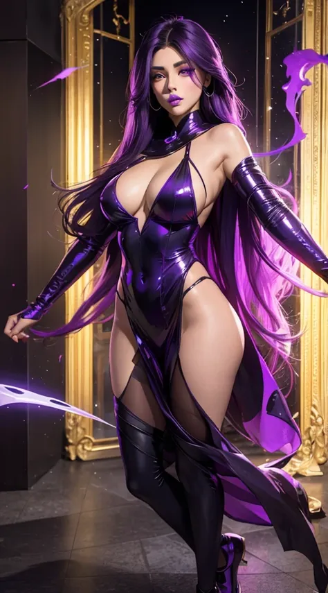 Purple hair and eyes(glowing purple ), golden hue skin, clear skin, hyper realistic, best quality. Black fire, full body, sharp features, dainty nose, full body image, golden ratio, princess attire, black lipstick