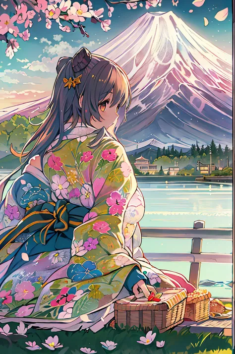 Best Quality, masutepiece, Extremely detailed, Detailed background, Detailed eyes, Anime, 1girl in, Beautiful eyes, Young Girl, a girl with long hair, expressive faces, Kimono, Retro, Mt. Fuji Scape, Outdoors, Sunset, Beautiful sky, Picnic on the lake, lan...